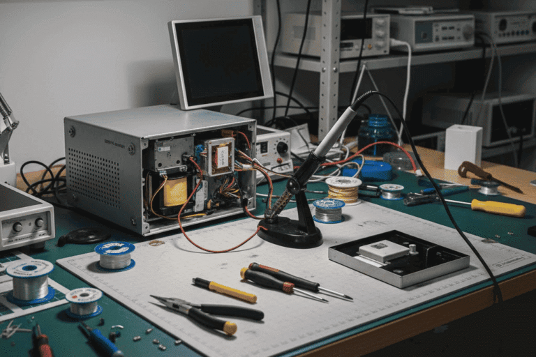 Рабочий стол сервиса по ТО и ремонту медицинского оборудования с инструментами